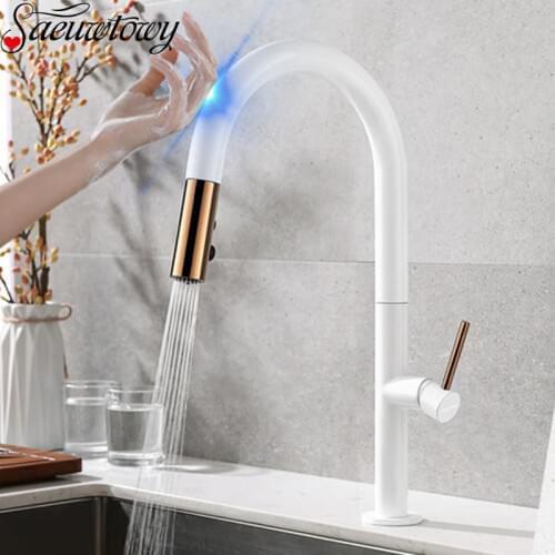 White Black Touch Kitchen Faucet Pull Out Sensor Touch Kitchen Faucet Crane Double Water Mixer Hot And Cold WaterDeck installat