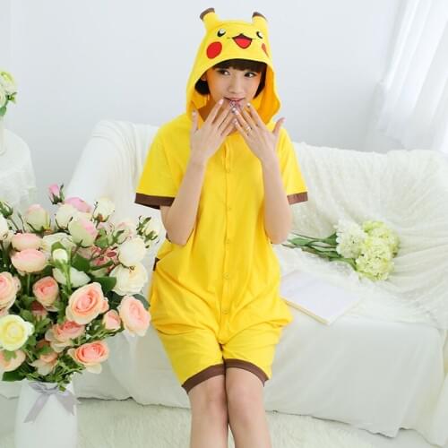Yellow Pikachu Summer Animal Cosplay Costume Onesie Short Sleeve Hoodie For Adult Women Men Halloween Holiday Party Homewear