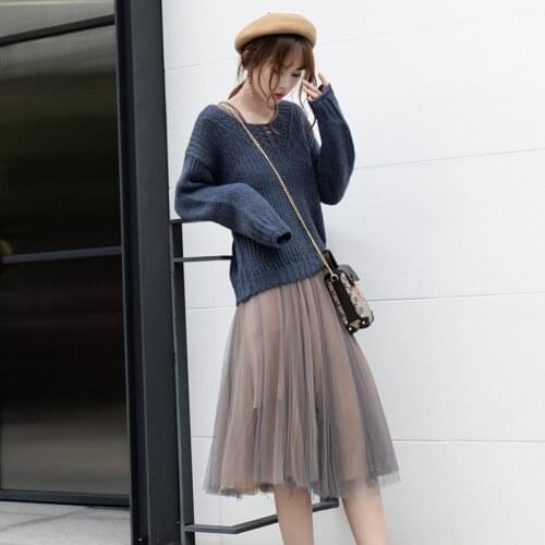 Womens suits womens new early autumn fashion V-neck slim elegant sweater sweater + mesh skirt two-piece dress female