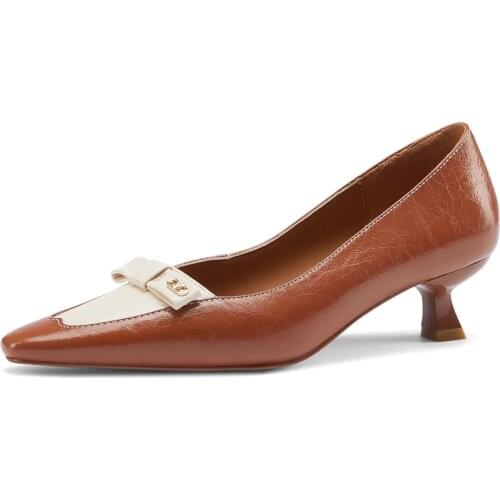 Spring Women Mid Heels Elegant Ladies Genuine Leather Pointed Toe Party Shoes Woman Beige Brown Bowknot Thin Heeled Pumps M019