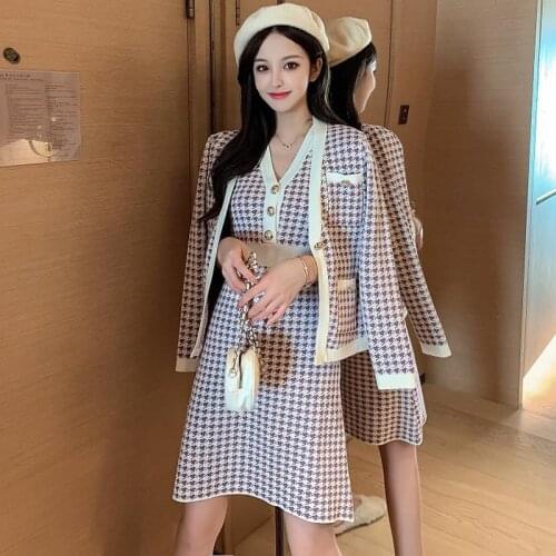 New 2020 Autumn Winter Knitted 2 Piece Set Women Single-Breasted Houndstooth Cardigan Jacket Warm Sweater Coat+Knit Vest Dress