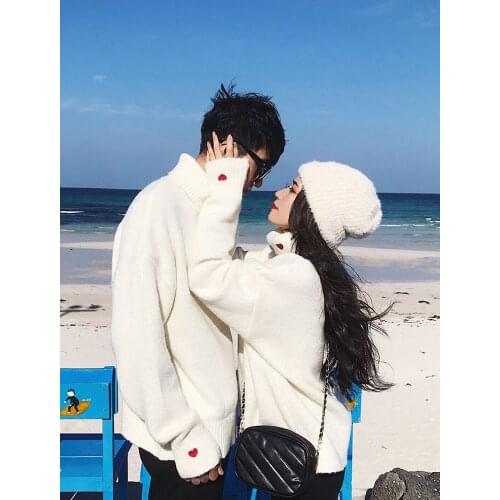 2020 white high collar love sweater womens winter loose knit
