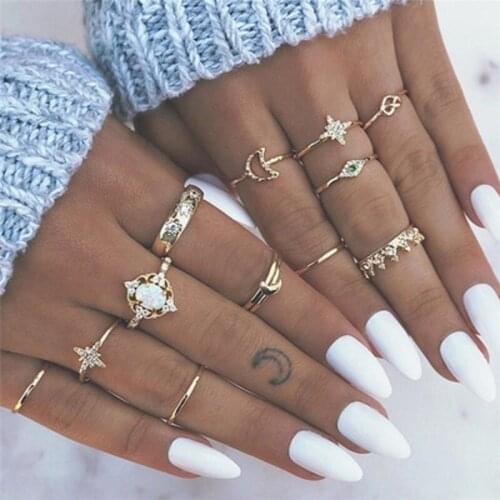 13 Pcs/set Women Fashion Rings Hearts Fatima Hands Virgin Mary Cross Leaf Hollow Geometric Crystal Ring Set Wedding Jewelry