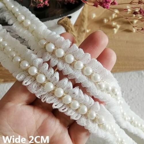 2CM Wide Whie Mesh 3d Pleate Fabric Pearls Lace Dress Collar Beaded Fringe Trim DIY Apparel Sewing Trimmings Handmade Material