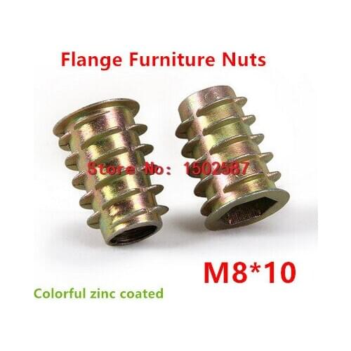 20pcs/lot M8*10 Furniture Nut Zinc Alloy Steel Colorful Plated Flanged Hex Drive Internal Thread Insert Wood Nuts
