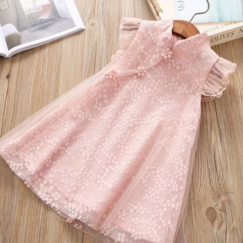 2021 Summer 2-6 7 8 10 Years Crew Neck Fly Sleeve Baby Mesh Floral Chiffon Chinese Ethnic Style Kids Cheongsam Dresses For Girls
