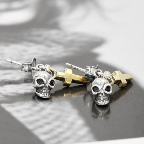 925 Sterling Silver Skull Cross Stud Earrings Vintage Punk Skeleton Stud Earrings For Women Lovers Biker Jewelry