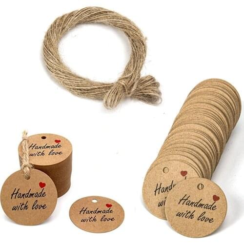 100pcs Natural Kraft Paper Gift Tags Handmade with Love Sticker Hang Tag Labels With Rope Wedding Party Decoration