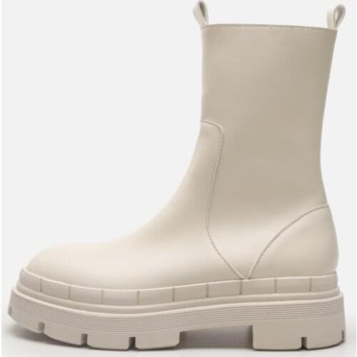 White Chelsea Boots Women Thick Bottomed Flats Martin Boots British Style Genuine Leather Ankle Boot Shoes Woman Botines Mujer