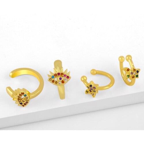 FLOLA Multicolor Evil Eye Ear Cuffs Clip On Earrings Gold Plated Moon And Star Fake Ear Percing CZ Wholesale Jewelry Gift ersw37