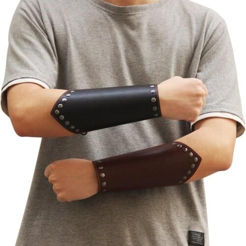PU Leather Medieval Horse Riding Bracers with Bandage Solid Color Punk Style Arm Guard Wrist with Rivet for Riding Cycling