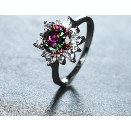 Sparkling White Gold Snowflake Ring for Women Luxury Rainbow Gemstone Rings Fashion Design Female Wedding Party Jewelry Gift