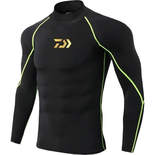 DAIWA Mens Shirt Long-sleeved Tight-fitting Top Jogging Compression Quick-drying T-shirt Fishing Clothes Black Grey