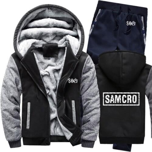SOA Sons of Anarchy Hoodies Mens Suit Winter fleece Thicken Warm zipper Sweatshirt SAMCRO Mens Hoodies Jacket +Pants 2Pcs Sets