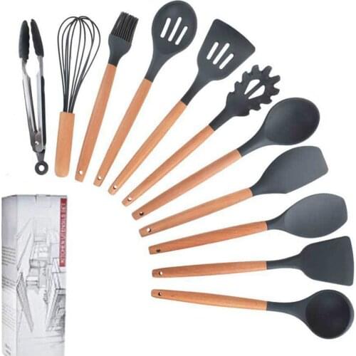 8/9/11pcs Silicone Cooking Utensils Set Couverts De Table Kitchen Nonstick Wooden Handles Cooking Tools Cookware