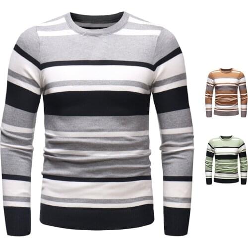 Autumn Winter New Fashion MenS Round Neck Pullover Sweater Casual Striped Slim-Fit Warm Sweater Bottoming Shirt Top