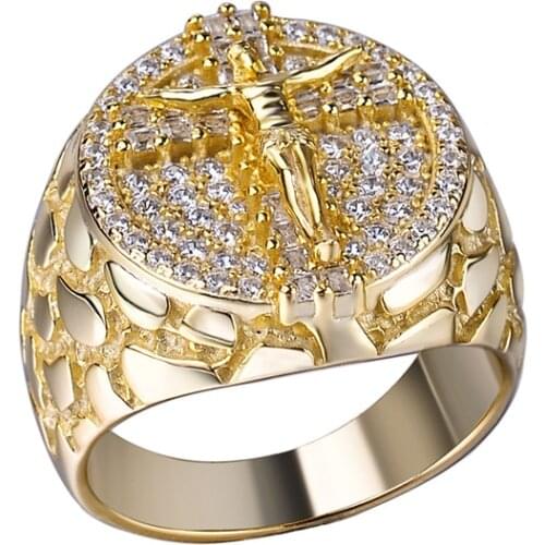 OTIY S925 Fashion Jesus Cross Hip Hop CZ Diamond Rings 14K Gold Plated Jewelry Iced Out Men Ring for Men