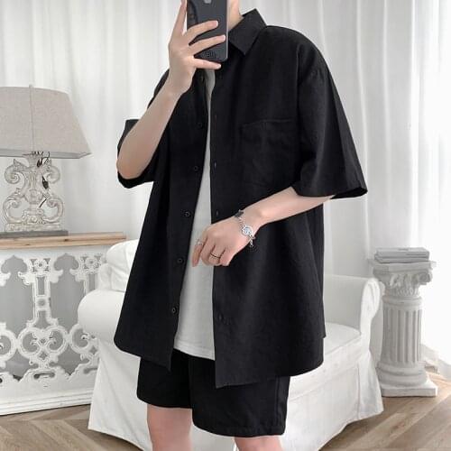 Streetwear Shirt Men Solid Cotton Plus Size Short Sleeve Shirts Loose Summer Fashion Casual Korean Shirt Mens Tops Clothes 2021