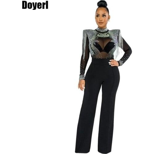 Rhinestone Party Jumpsuit Women Evening Elegant Overalls Sexy Outfits for Woman Night Club Romper See Through Mesh Jumpsuit Long