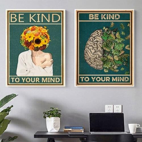 Mental Be Kind To Your Mind Vintage Canvas Posters and Prints Mental Health Awareness Painting Wall Art Pictures Home Decoration
