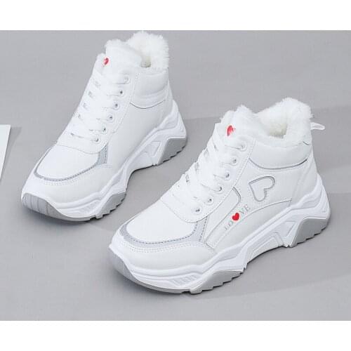 Winter Korean White Platform Sneakers Women Shoes 2020 Thick Sole White Leather Sneakers Warm Fur High-top Sneakers Casual Shoes