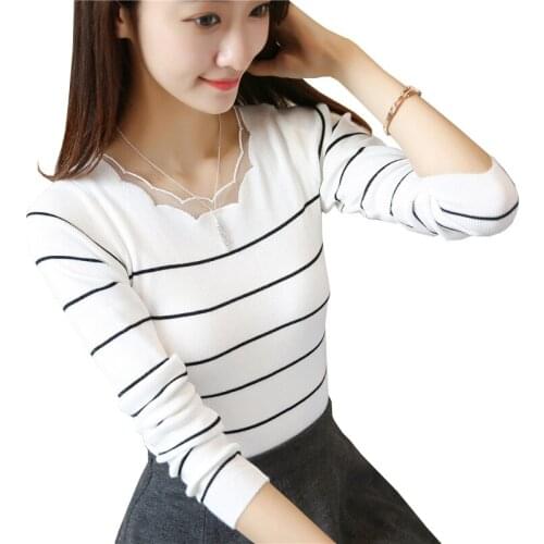 Women Sweaters 2021 Autumn Winter Pullovers Lace Collar Knitted Sweaters Striped Long Sleeve Warm Female Jumper Tops