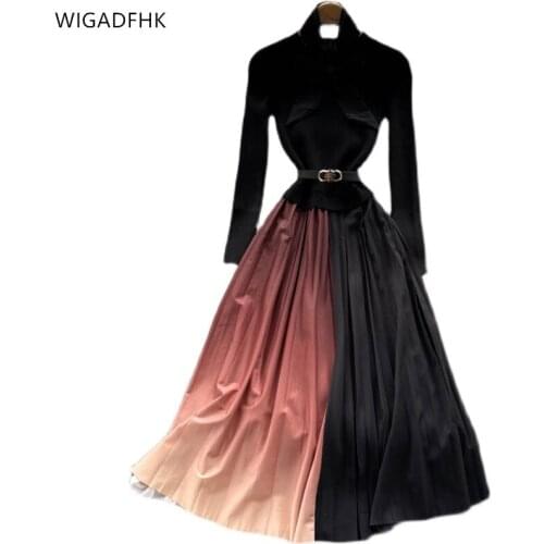 2021 Autumn New Fashion Womens Long Dress Knitted Stitching O-neck Slim Elastic Vestidos De Fiesta Elegant Ladies Party Dress