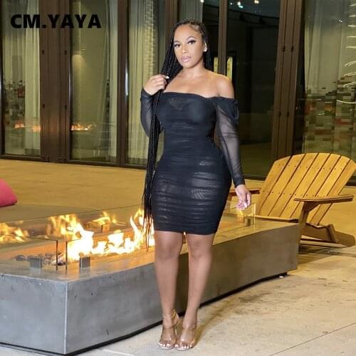 CM.YAYA Women Dress Solid Mesh See-through Slash Neck Full Sleeve Bodycon Mini Dresses Sexy Night Clubwear Vestidos Summer 2021