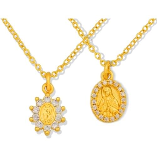 Gold Virgin Mary Necklaces For Women Catholic Cheap Jewelry CZ Zircon Small Round Coin Pendant Necklace virgen de guadalupe