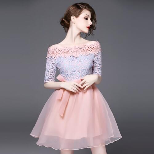 2017 Newest lace woman dress half sleeve patchwork dress slash neck cute dress for summer woman lace dress free shipping