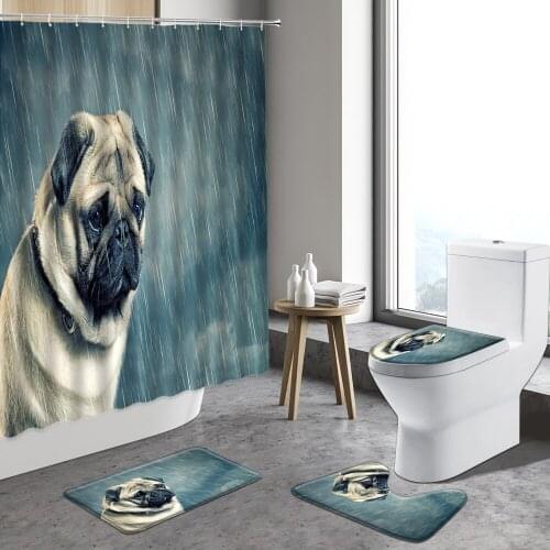 4pcs Funny Cat Dog Shower Curtain Sets Cute Animals Bulldog Pet Anti-Slip Bath Mats Toilet Lid Cover Bathroom Decor Carpet Rugs