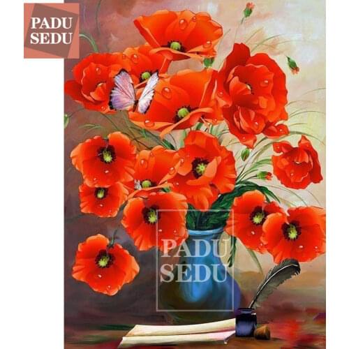 5d Diy Diamond Mosaic Cross Stitch Embroidery Flowers Full Set Square Diamond Painting Poppy Flower Vase Rhinestones Home Decor