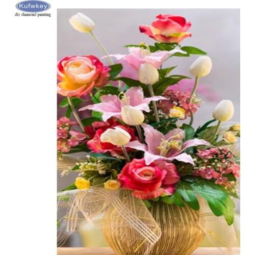 DIY Diamond Embroidery Rose Vase Mosaic Kit Cross Stitch 5D Diamond Painting Flower Full Square Drill Rhinestones Wall Stickers