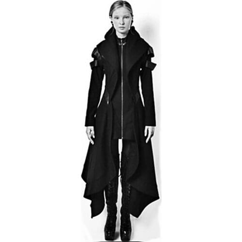 Women Irregular Black Hooded Coat Punk Gothic Cosplay Steampunk Jacket Overcoat
