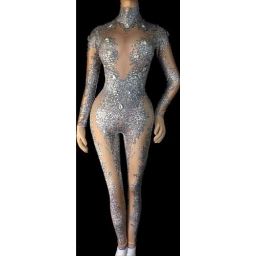 Women Sexy Gold Rhinestones Jumpsuit Performance Outfit Female Singer Leggings Nude Black Big Crystals Costume Dance Bodysuit