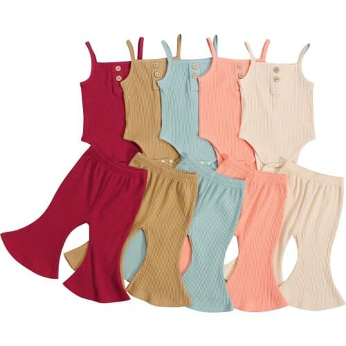 2Pcs Baby Girls Outfit, Summer Solid Color Button Decoration Sleeveless Suspender Romper + Long Bell-bottomed Pants Set