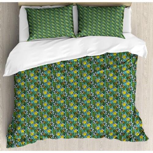 Flower Duvet Cover Set Cartoonish Pattern with Daffodil Branches 3 Piece Bedding Set Forest Green Multicolor