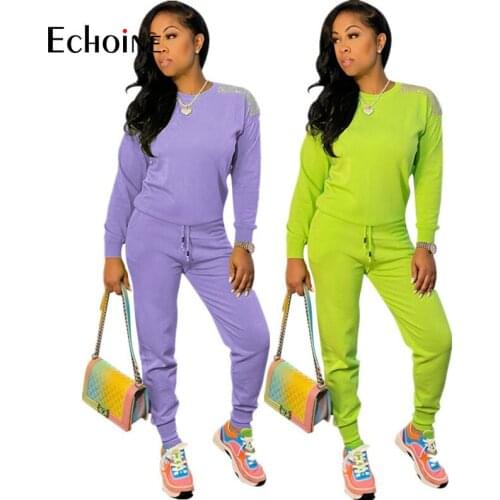 Echoine Fall Winter Women Shiny Rhinestones Two Piece Set Sweatshirt jogger Sweatpant Sportswear Fitness Matching Outfit