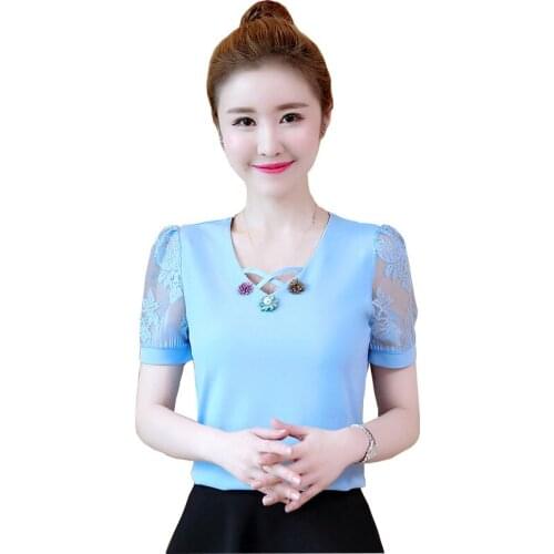 Summer Blouse Women Korean Lace Hollow Out Tops Large Size Ladies Shirts Fashion Short Sleeve Chiffon Blusas Mujer DD2585