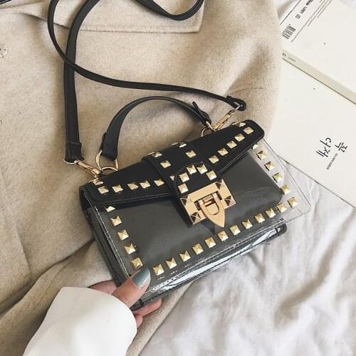 Small clear Brand Designer Woman 2019 New Fashion Messenger Bag Chains Shoulder Bag Velvet Rivets Transparent Square PU Handbag