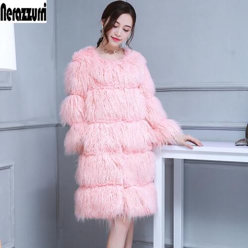 Nerazzurri Winter pink cute faux fur coat women long hairy striped plus size fake fur jacket 6xl high quality women fashion 2018