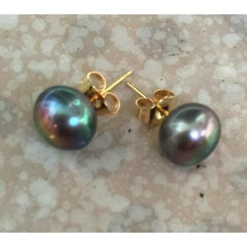 Charming a pair of 9-10mm tahitian black green pearl earring 14k