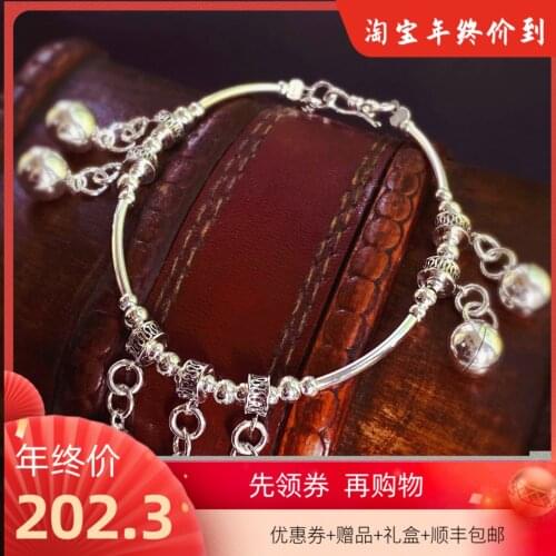 Original jewelry] S925 lovely silver foot chain female bell Antique Silver Bracelet 8mm Sterling Silver Mori series