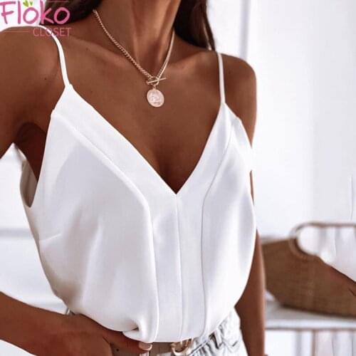 Flokocloset Casual V-Neck Spaghetti Straps Loose Camisoles for Women Summer Basic Tank Tops