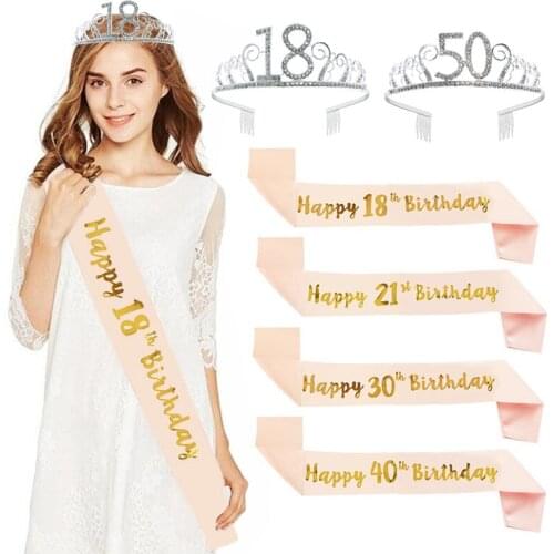Girl Shoulder Strap18th 21th 30th 40th 50th Happy Birthday Party Decor Adult Anniversary Party Supplies Princess Crown Hairband