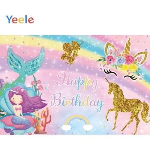 Rainbow Gold Unicorn Mermaid Angel Princess 1st Birthday Party Backdrop Customized Vinyl Photography Background For Photo Studio