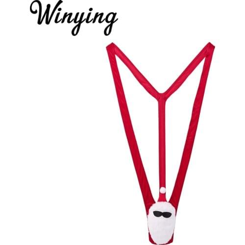 Sexy Men Mankini Santa Claus Cosplay Costume G-String Thong Festival Rave Novelty Underpants Erotic Christmas Underwear Lingerie