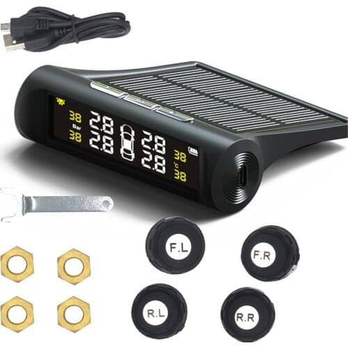 TPMS Tire Pressure Monitoring System Solar Power Wireless Car Alarm System With 4 External Sensors Real-time Displays Pressure