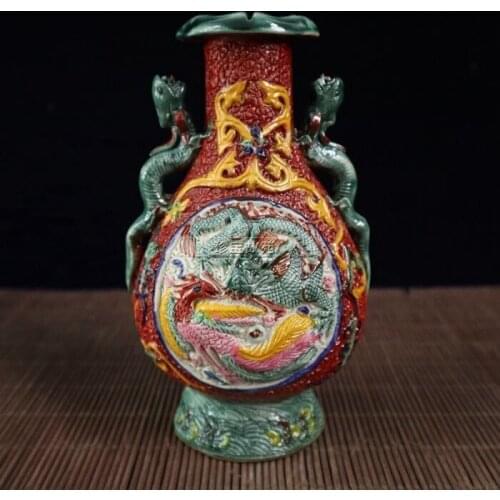 Ancient porcelain pastel porcelain bottle dragon and phoenix binaural vase flower arrangement decoration bottle ornament