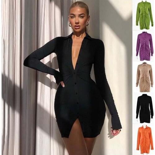 Women Shirt Dresses Flannel Pleated Elegant Min Dress Party Long Sleeve Single-Breasted Button Bodycon Dress Turn-Down Collar